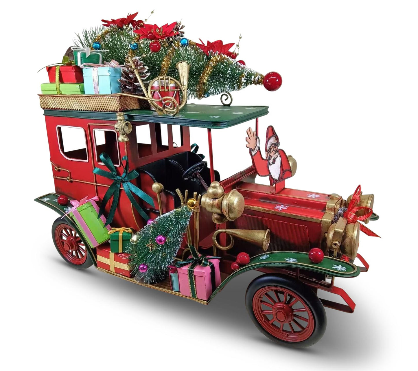 Vintage red and green Christmas car decoration with Santa, presents, poinsettias, and miniature Christmas trees.