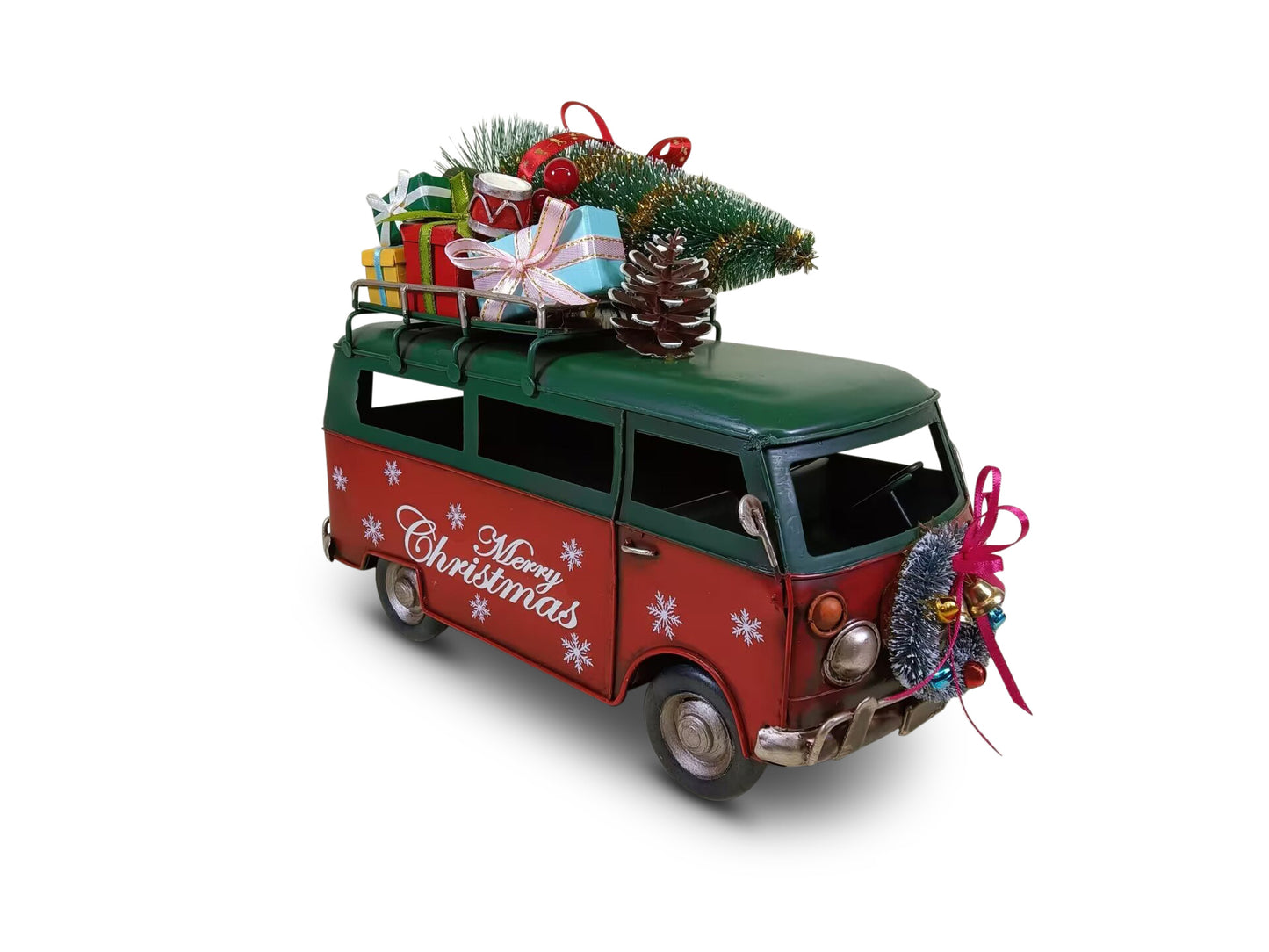 Red and green Christmas van decoration with “Merry Christmas” lettering, presents, a tree, pinecone, and a wreath on the front.