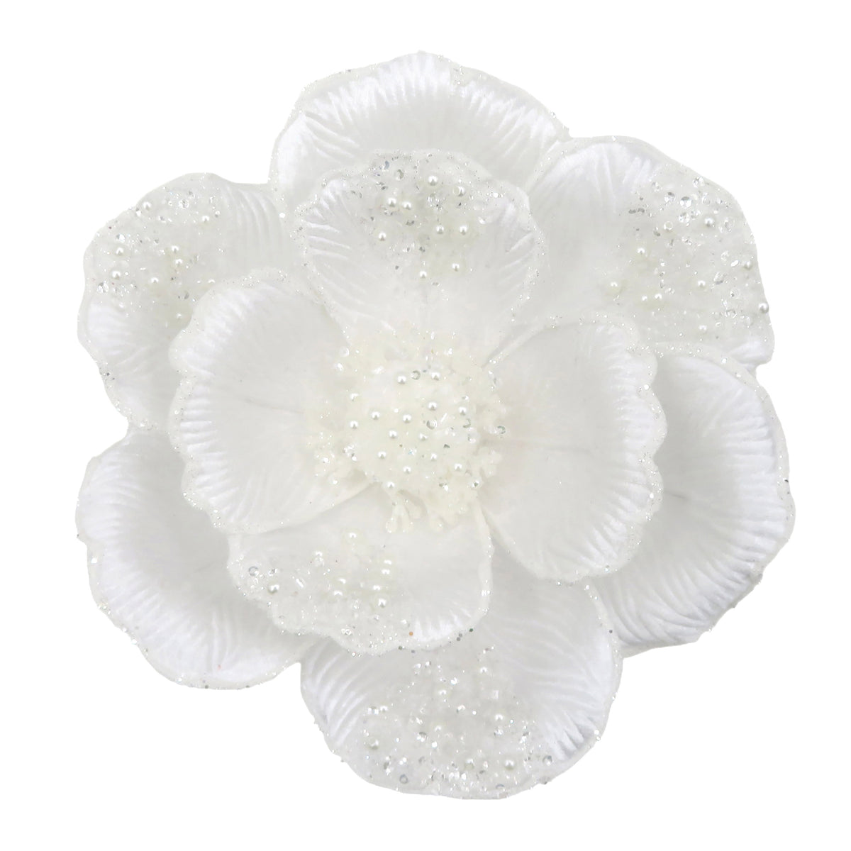 White beaded magnolia clip-on flower decoration with iridescent glitter petals and scattered micro pearl detail