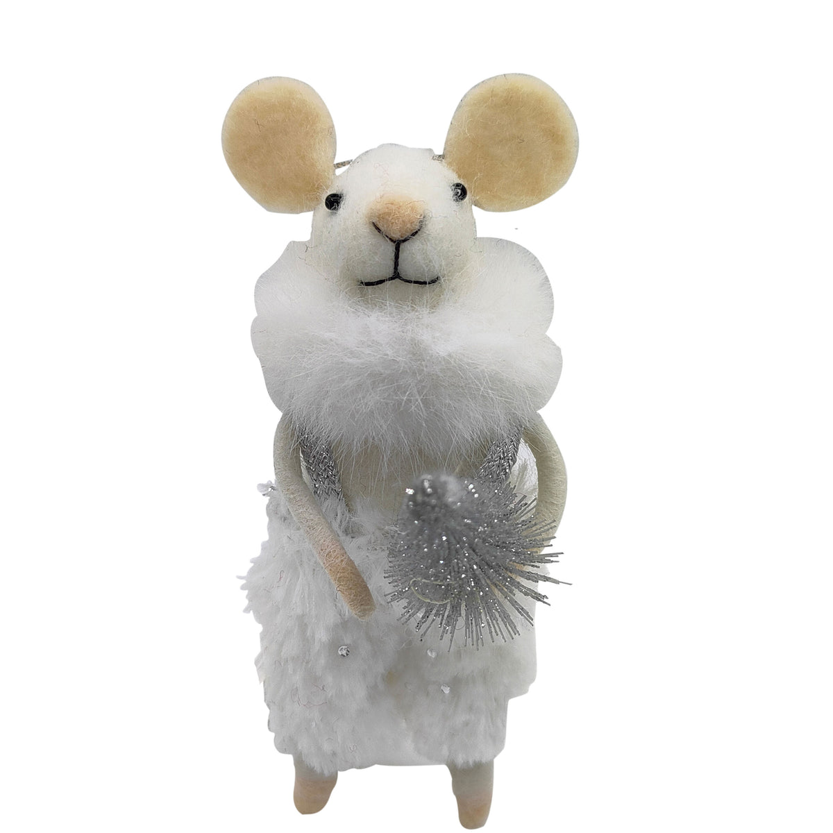White felt mouse ornament in a feather coat with tulle ruff collar holding a silver glitter tree