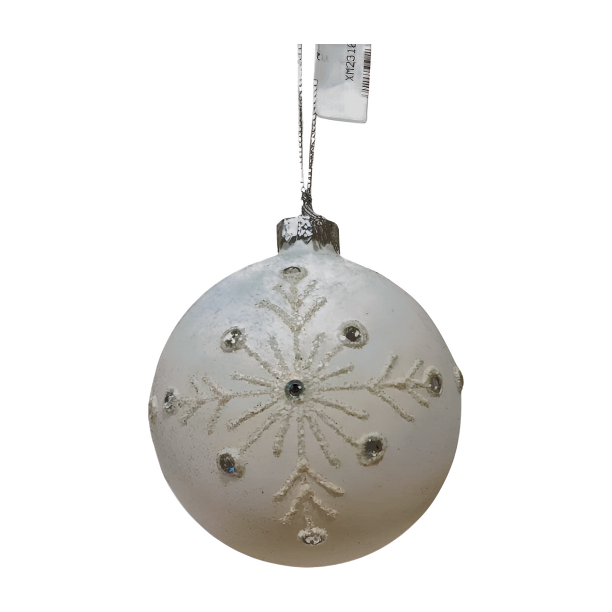 White frosted glass Christmas bauble with glitter snowflake and gem accents