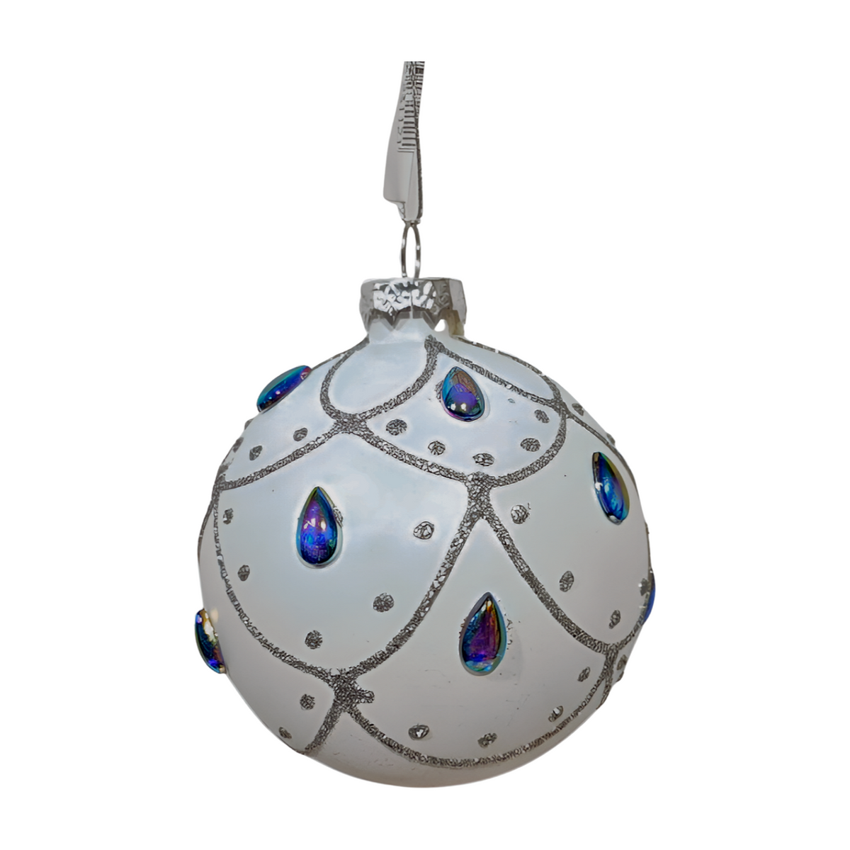White glass bauble with silver glitter garland pattern and iridescent teardrop gem accents