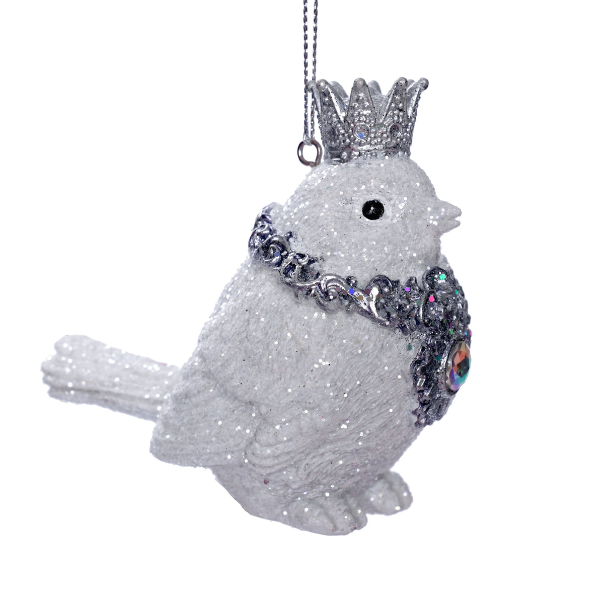 White glitter bird hanging tree ornament with silver crown and ornate filigree jewelled collar with iridescent gem