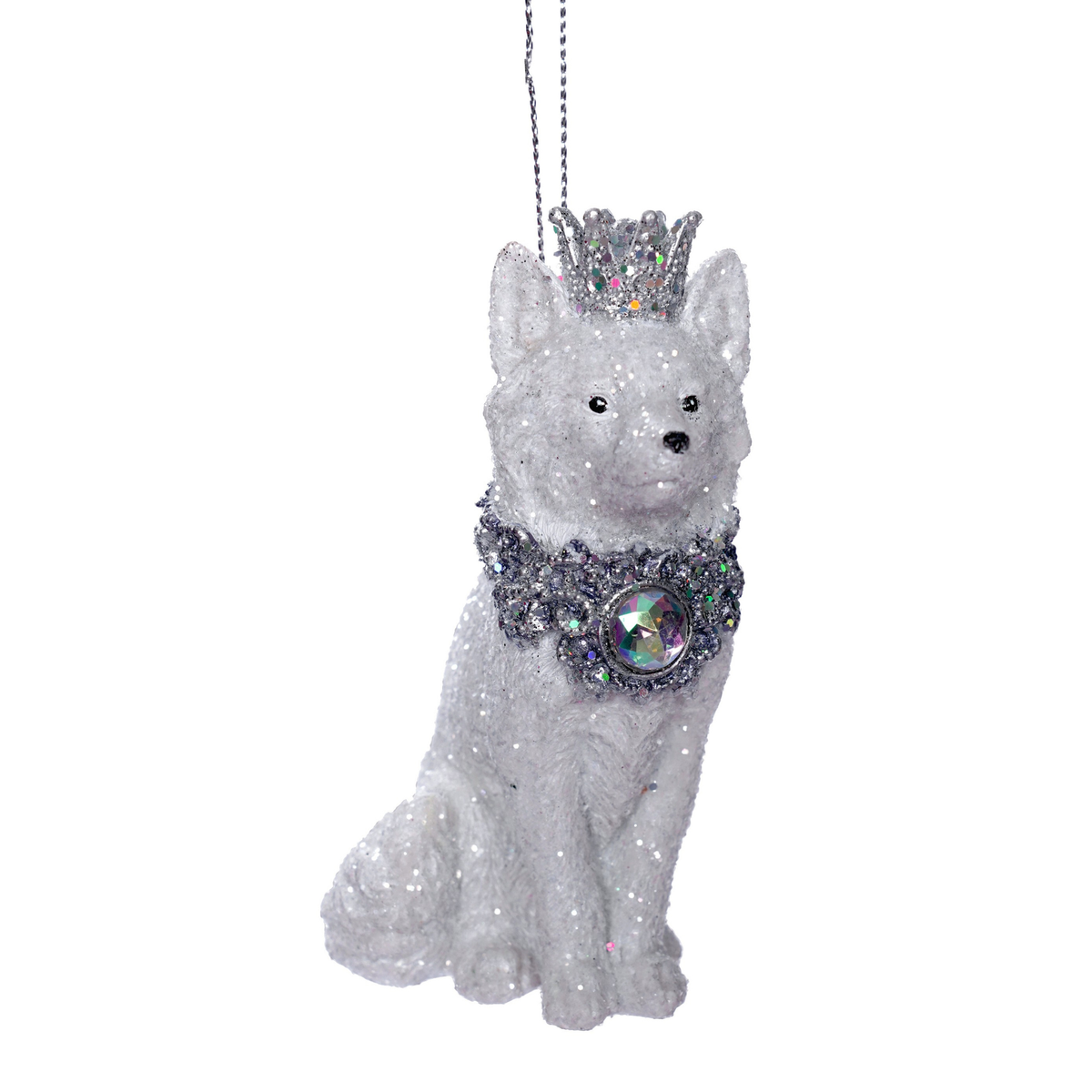 White glitter dog hanging tree ornament with silver glitter crown and jewelled collar with iridescent gem