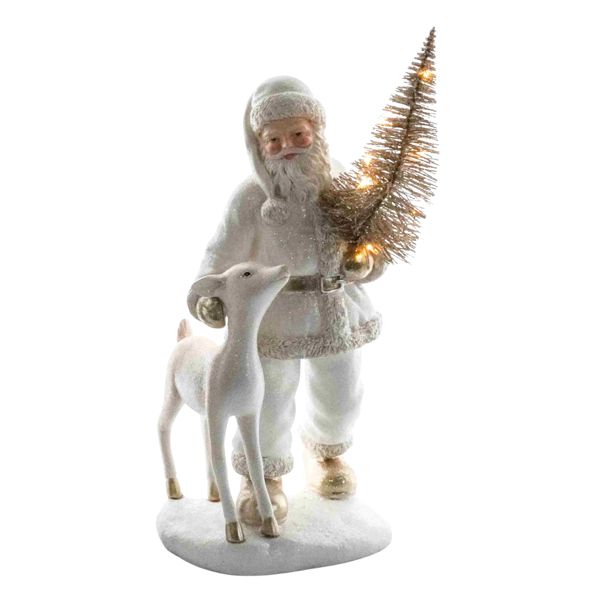 White glitter Santa figure holding a lit bottle-brush tree beside a glitter reindeer