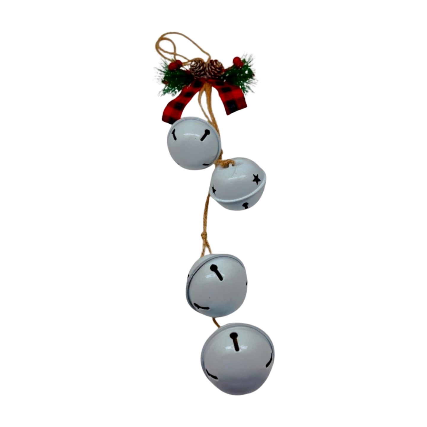 White hanging bells with four white jingle bells on twine, topped with a buffalo plaid bow, pinecones, greenery, and red berries