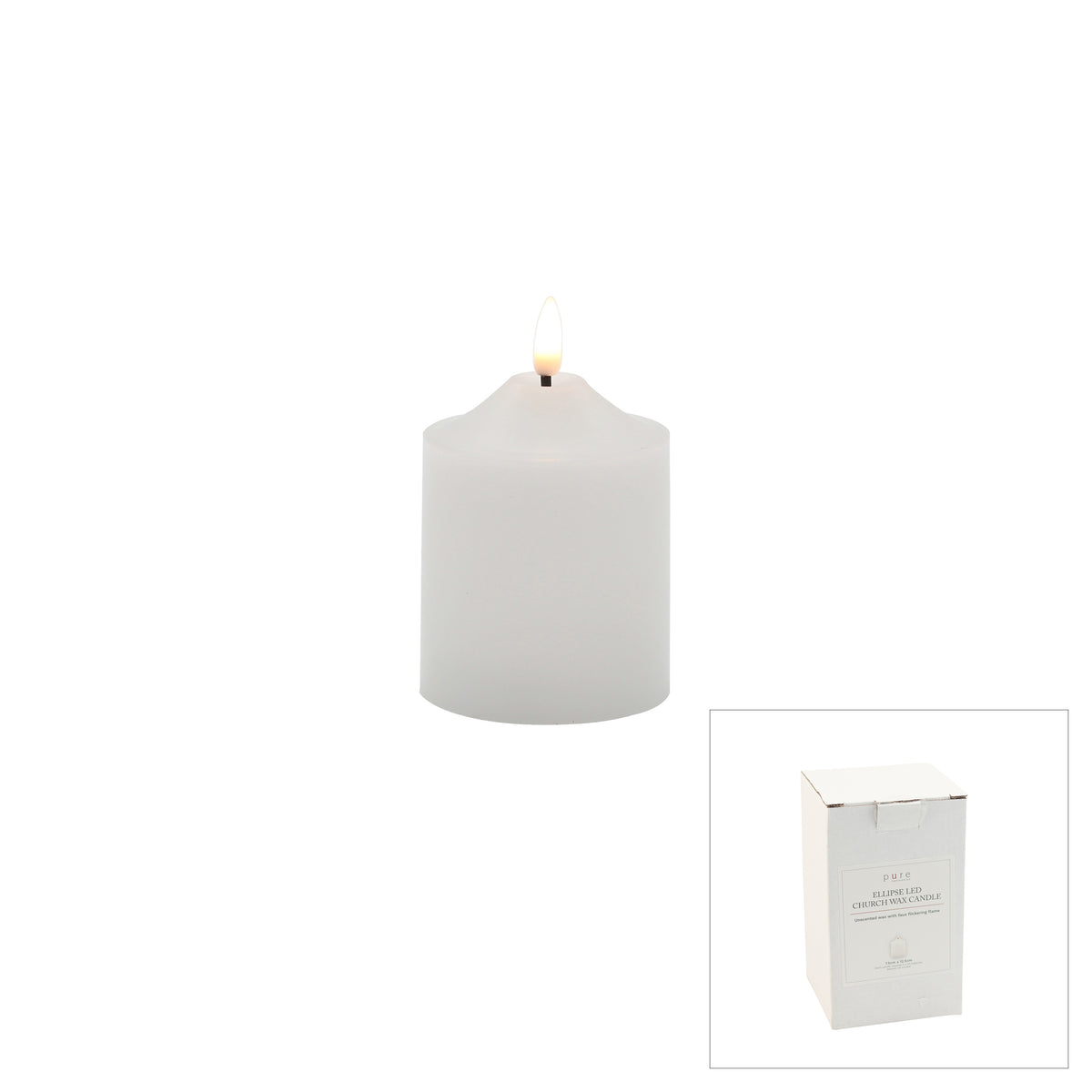 Mini white LED church pillar candle with realistic flickering flame, presented in a white gift box