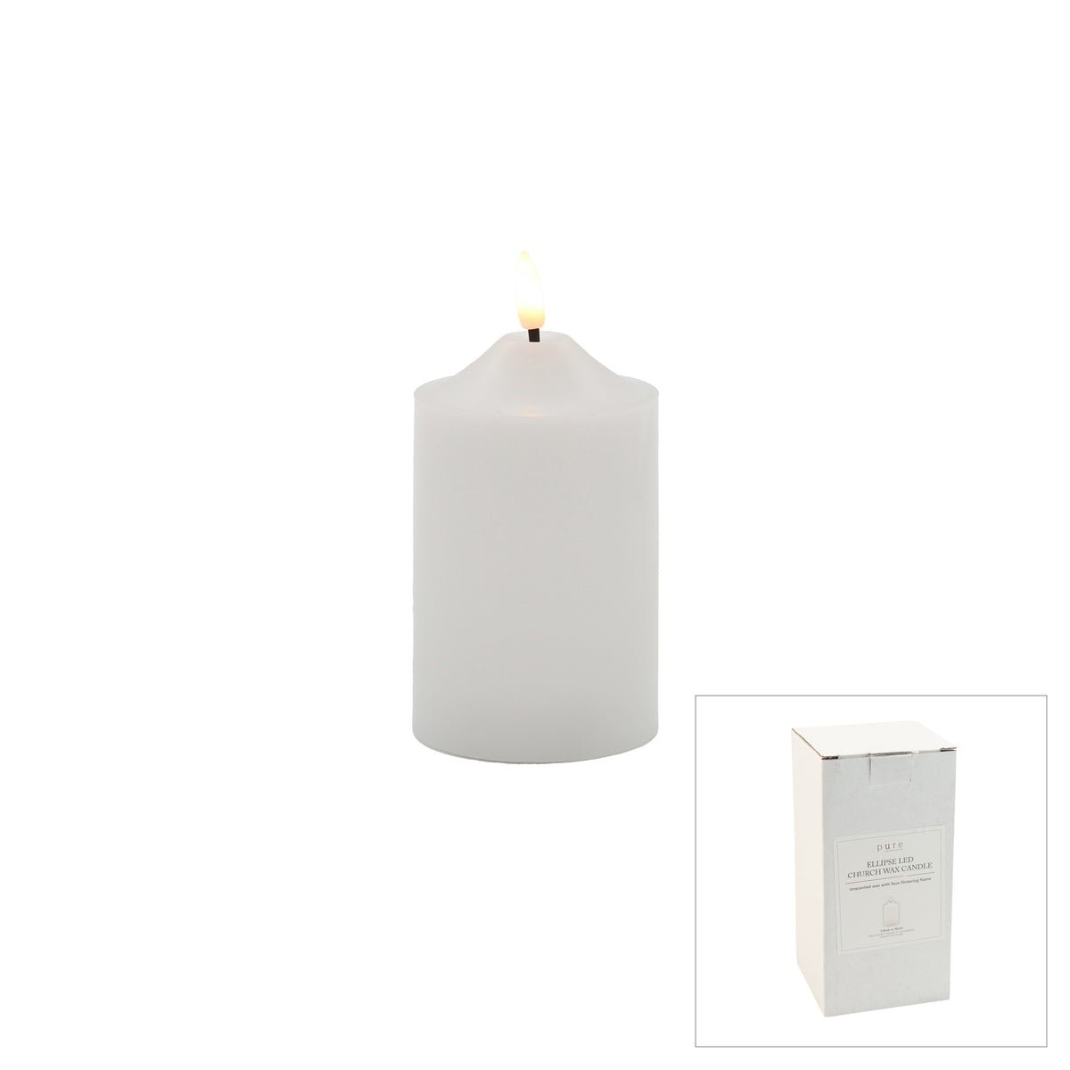 Short white LED church pillar candle with realistic flickering flame, presented in a white gift box