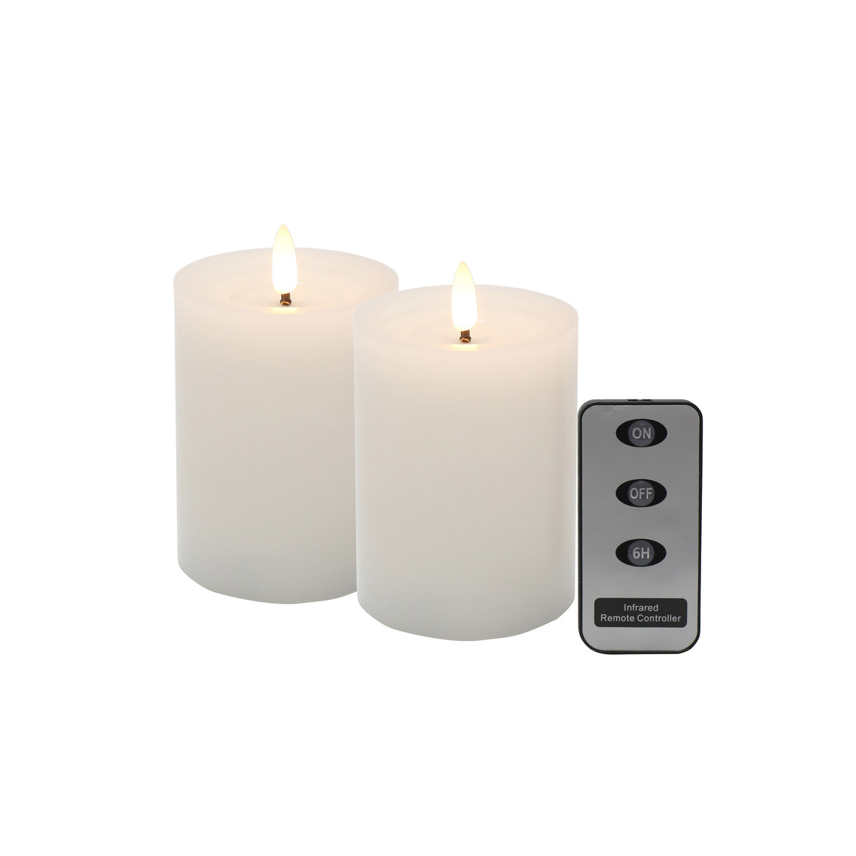 Set of two mini white LED pillar candles with flickering flames and infrared remote control with on, off and timer functions