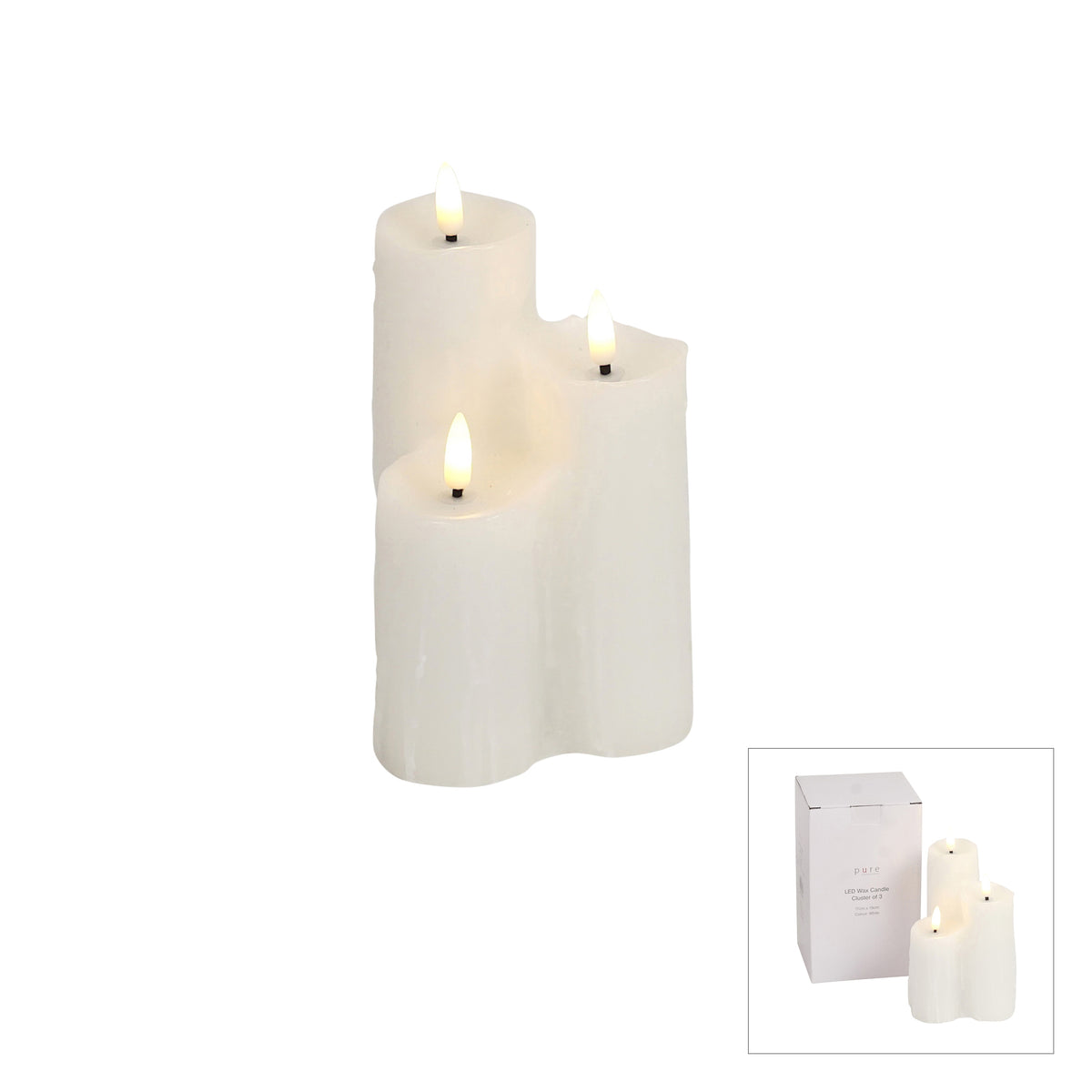 White LED wax candle cluster of three pillar candles at varying heights with realistic flickering flames