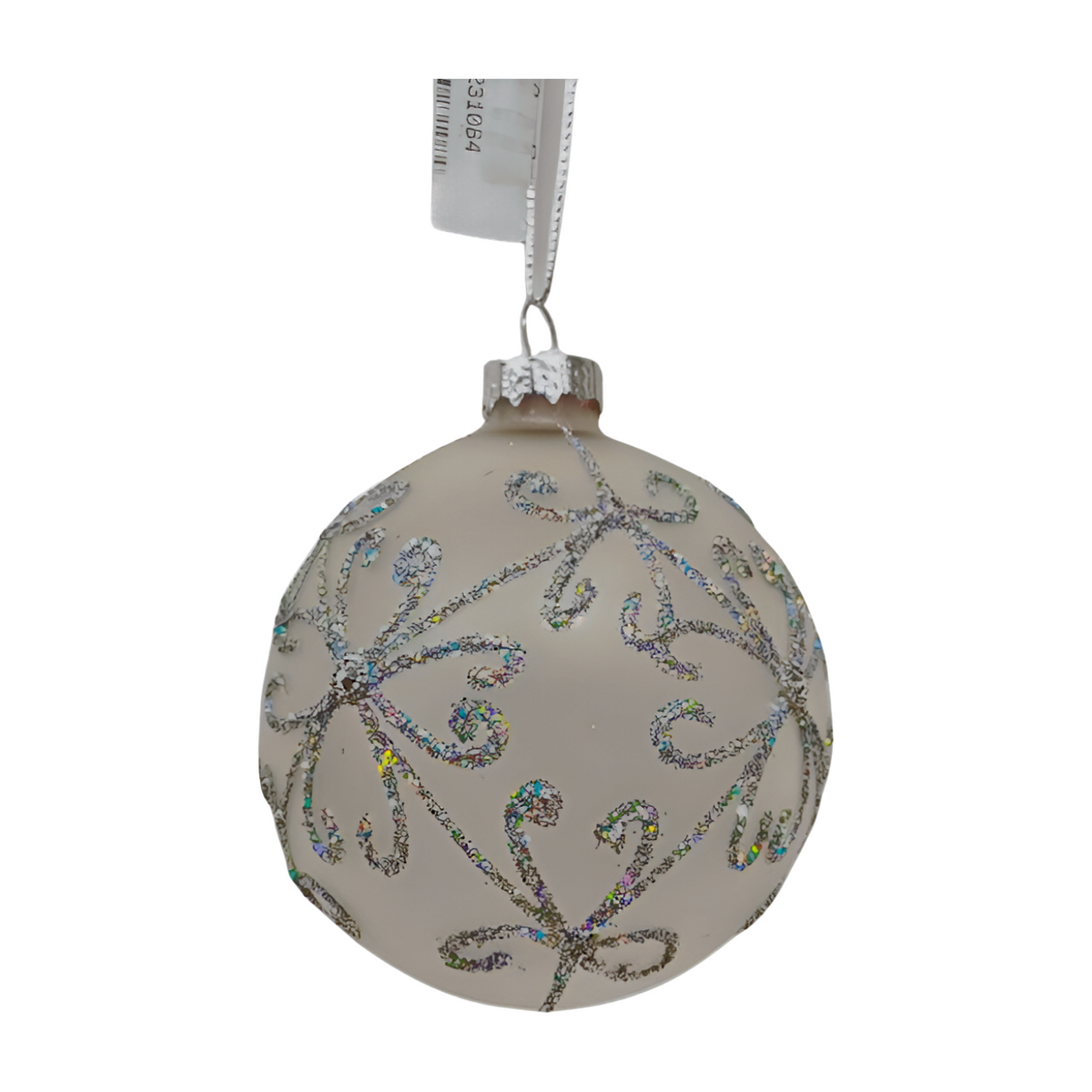 White matte glass bauble with holographic glitter scrollwork design