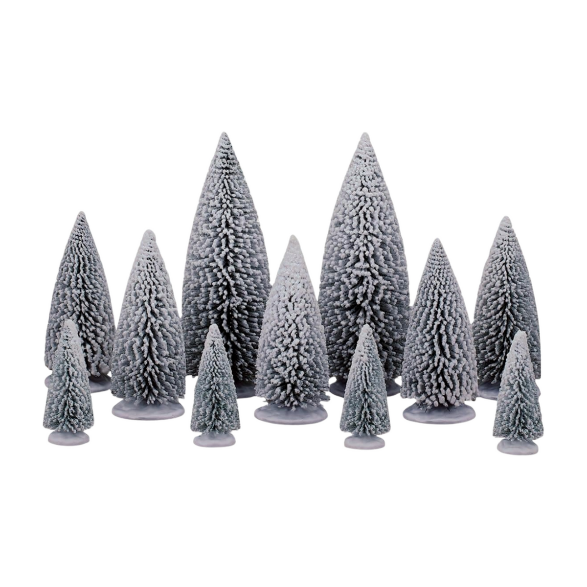 Set of 13 miniature snow-dusted evergreen tree figurines in assorted sizes on grey bases