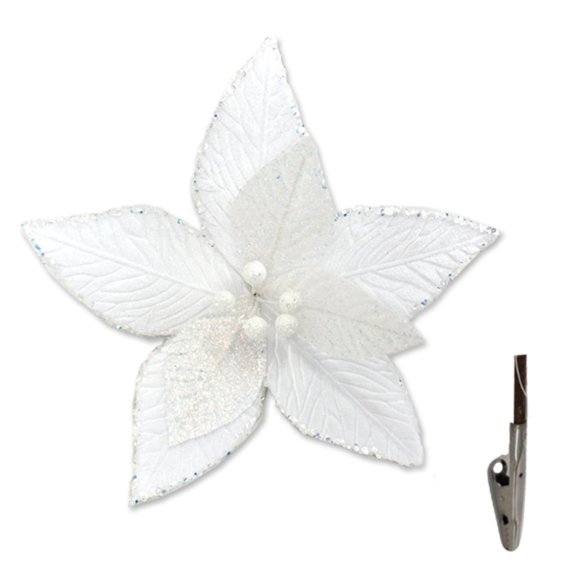 White poinsettia flower with glittered petals and beaded centre, attached to a metal clip