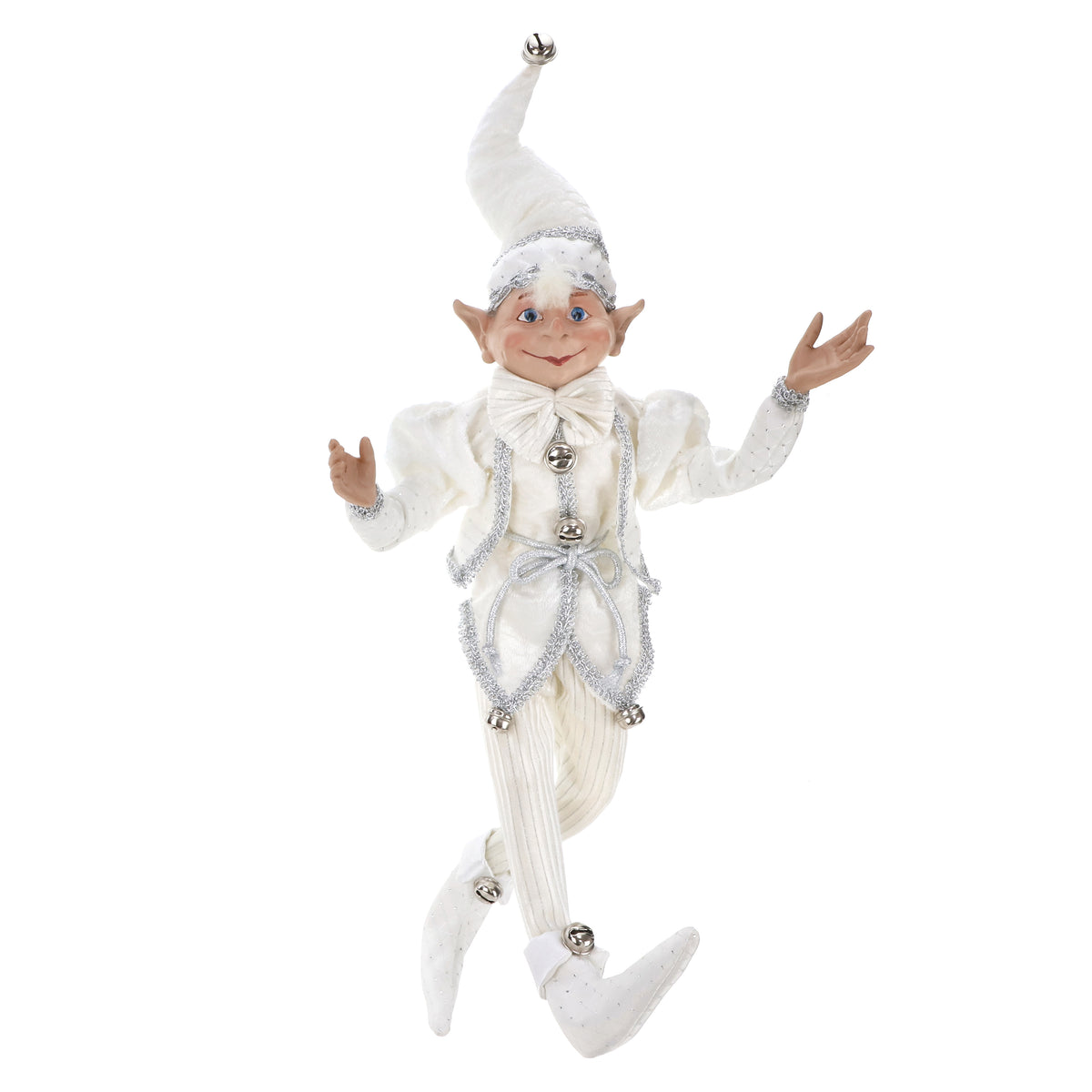 White and silver poseable elf figurine with satin bow, silver trim, and jingle bells throughout costume