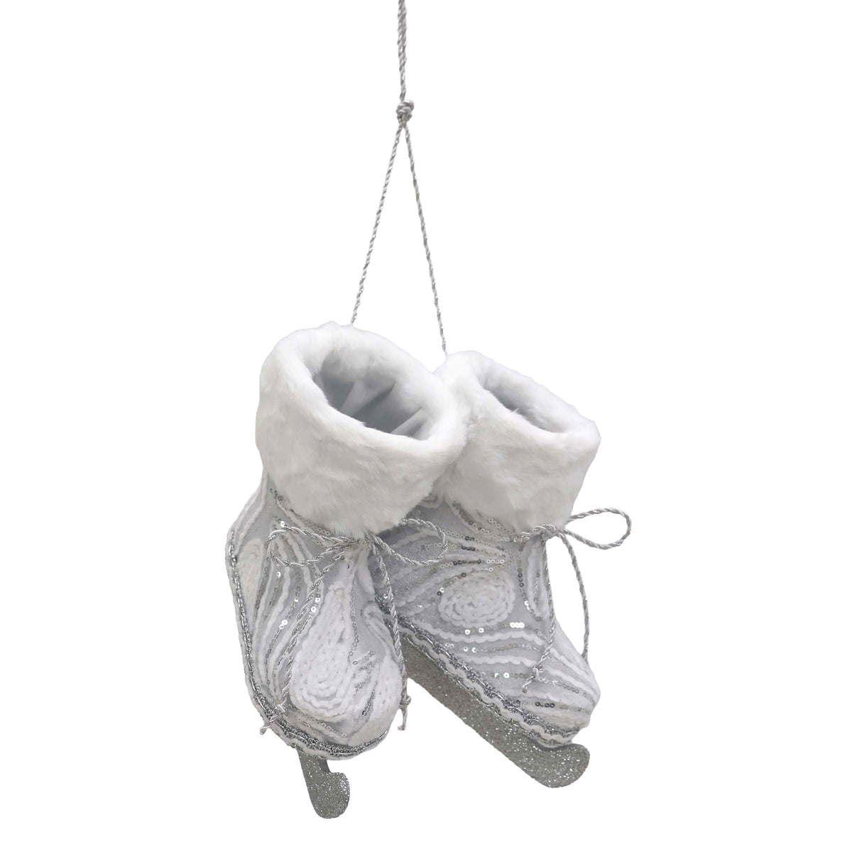 White and silver sequin ice skates ornament with faux fur cuffs, swirl bead detail and silver glitter blades