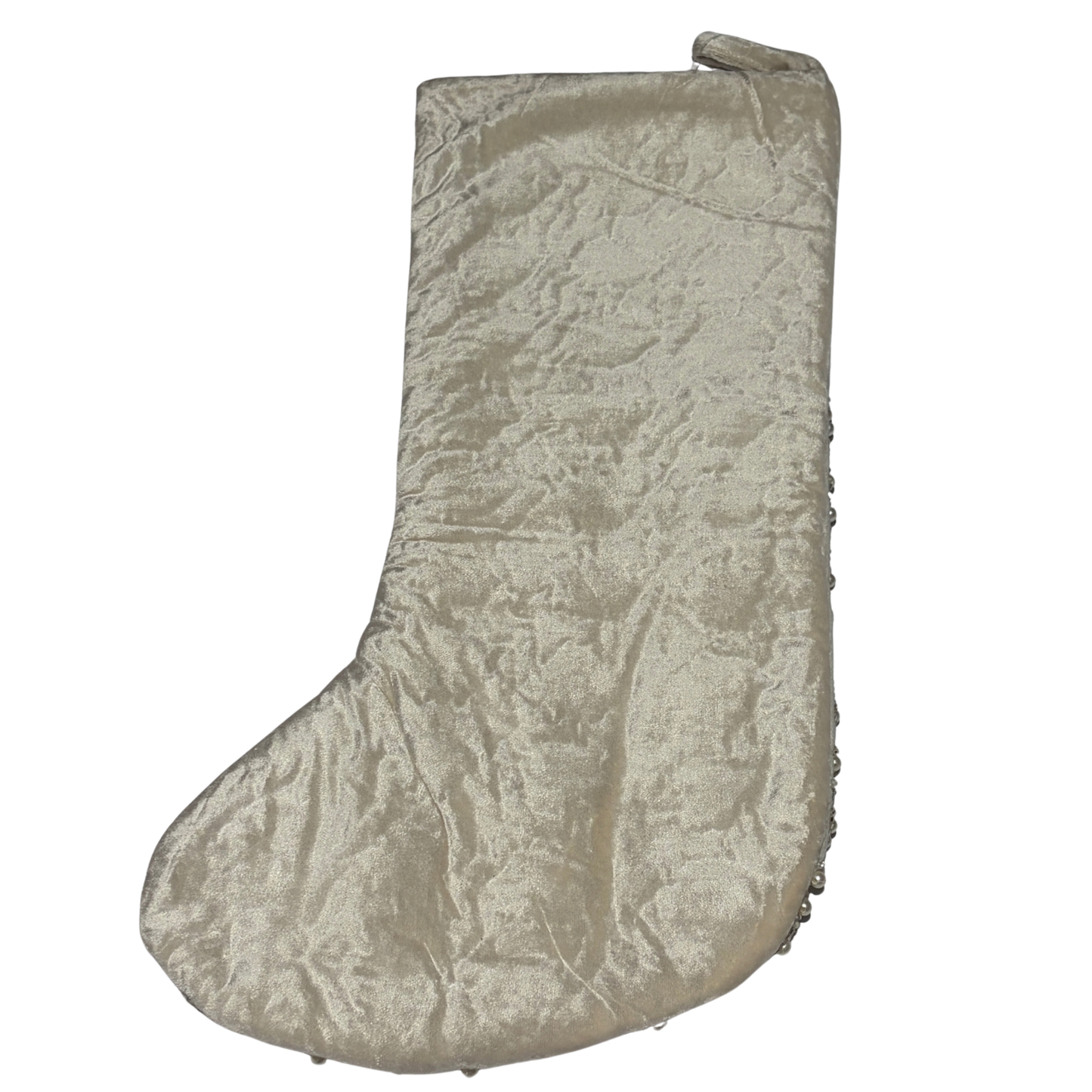 White velvet Christmas stocking with pearl hand-beaded lattice design