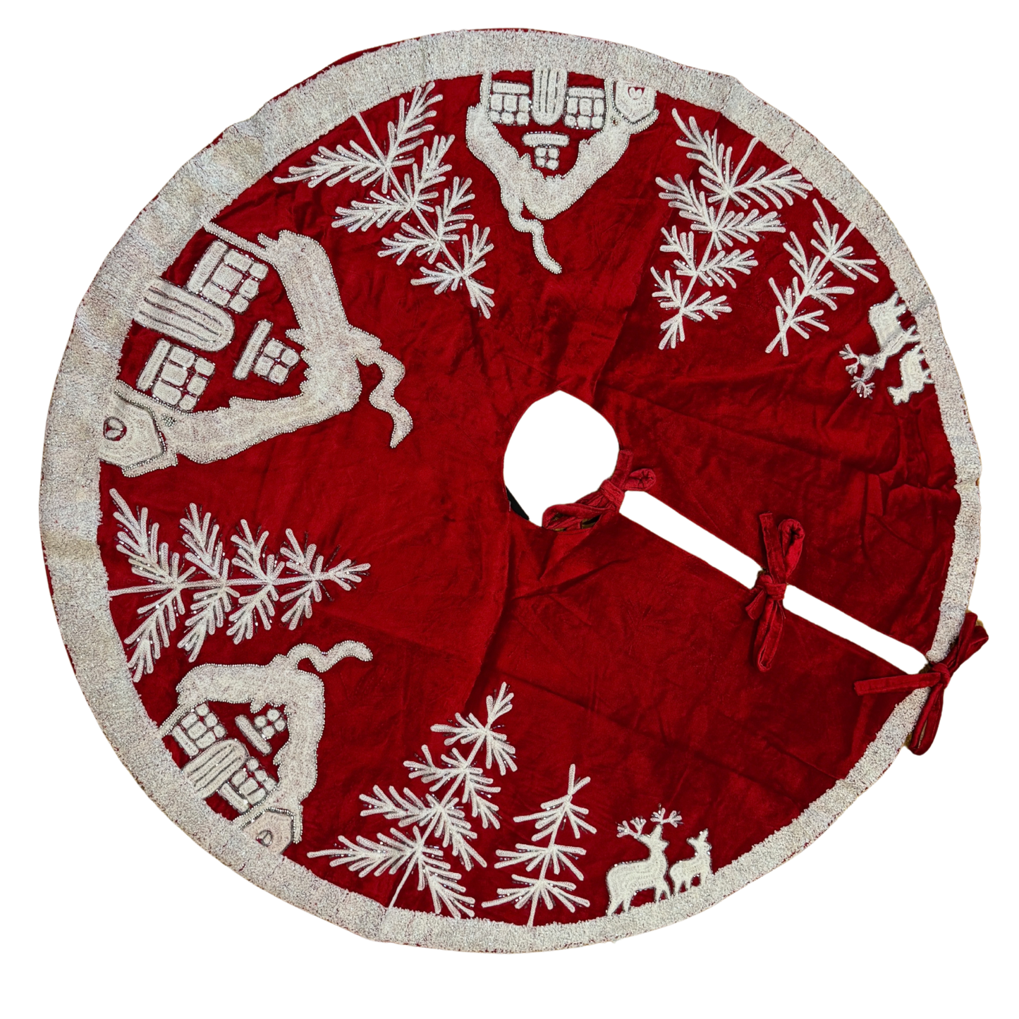 Hand-beaded red velvet Christmas tree skirt with cottages, trees, and reindeer design