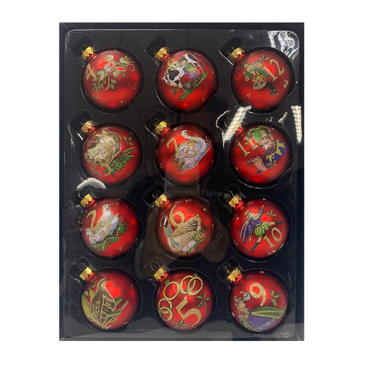 Set of twelve red Christmas baubles featuring illustrations from the 12 Days of Christmas song