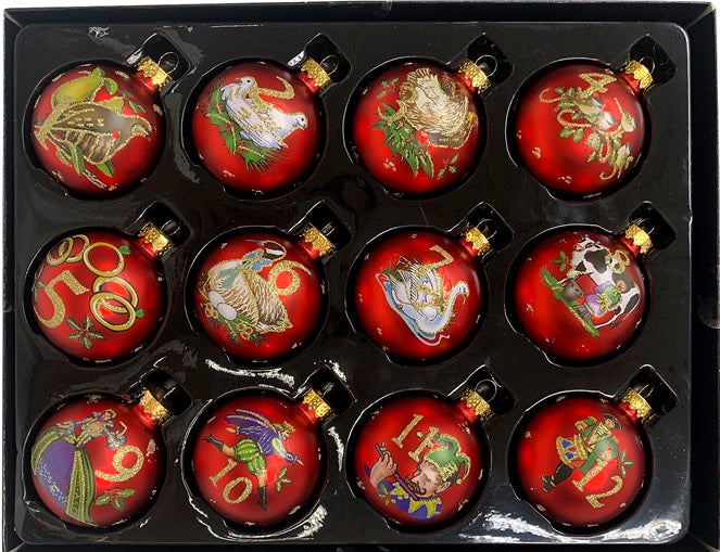 Set of twelve red Christmas baubles featuring illustrations from the 12 Days of Christmas song