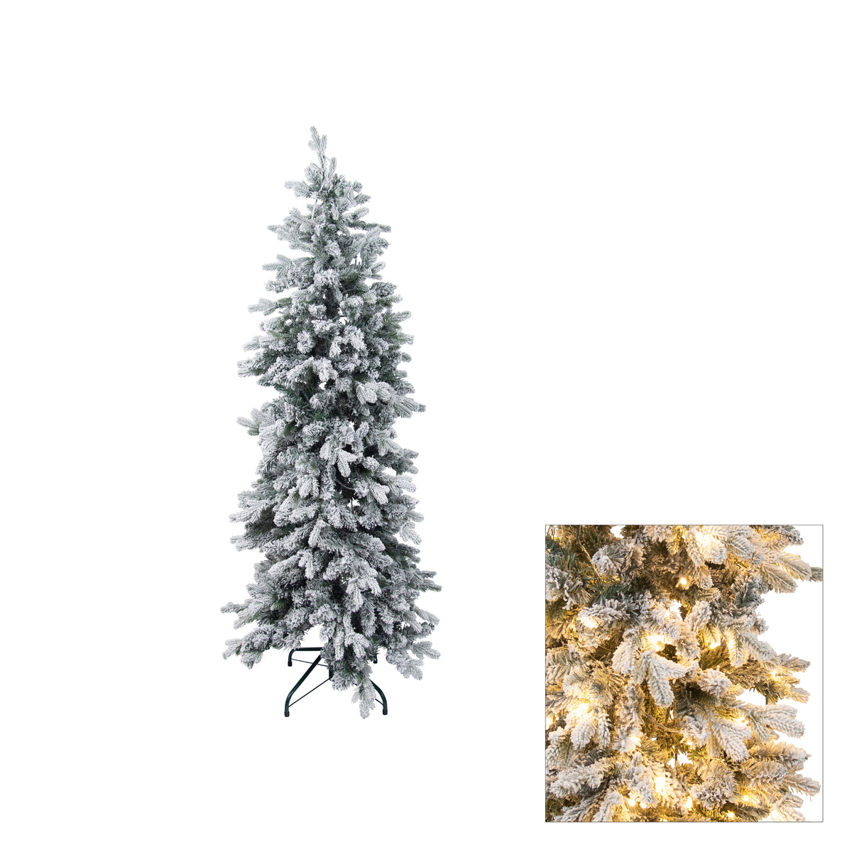 150cm pre-lit Perisher Pencil Pine snowy Christmas tree with white flocked tips, warm white LEDs and metal stand