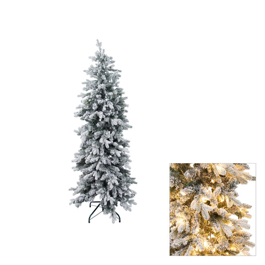150cm pre-lit Perisher Pencil Pine snowy Christmas tree with white flocked tips, warm white LEDs and metal stand