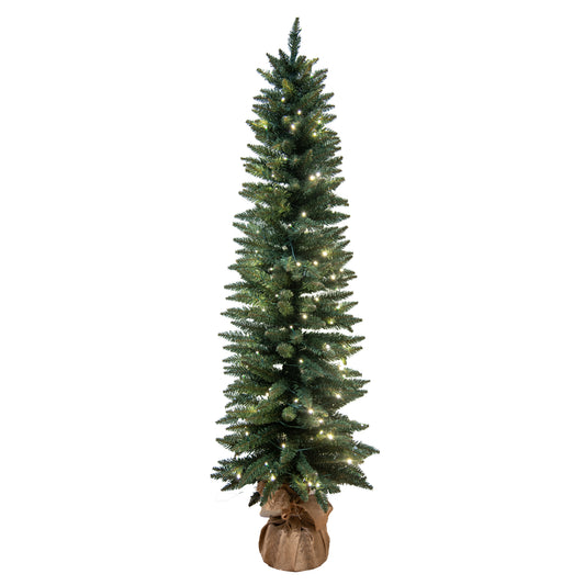 150cm pre-lit slim artificial Christmas tree with warm white LED lights and hessian sack base