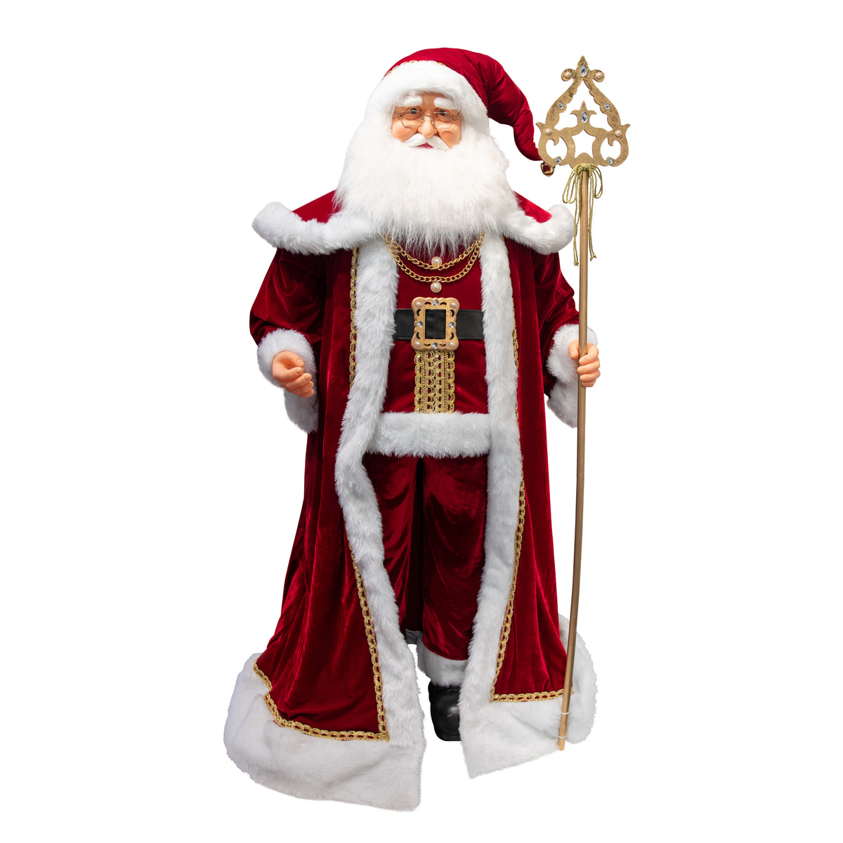 180cm standing Santa figurine in red faux fur-trimmed robe with gold sceptre, chain necklace and ornate belt