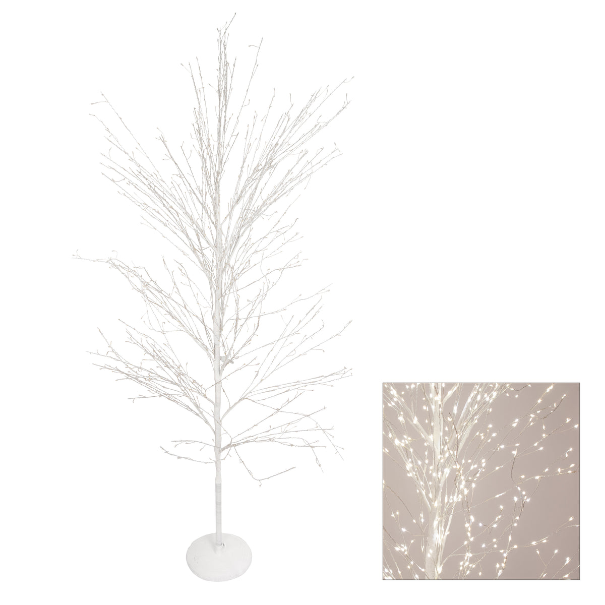 180cm Stockholm pre-lit white bare branch LED tree with warm white lights and round weighted base