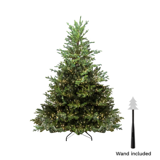 210cm pre-lit premium artificial Christmas tree with 3000 warm white LED lights, metal stand and remote wand
