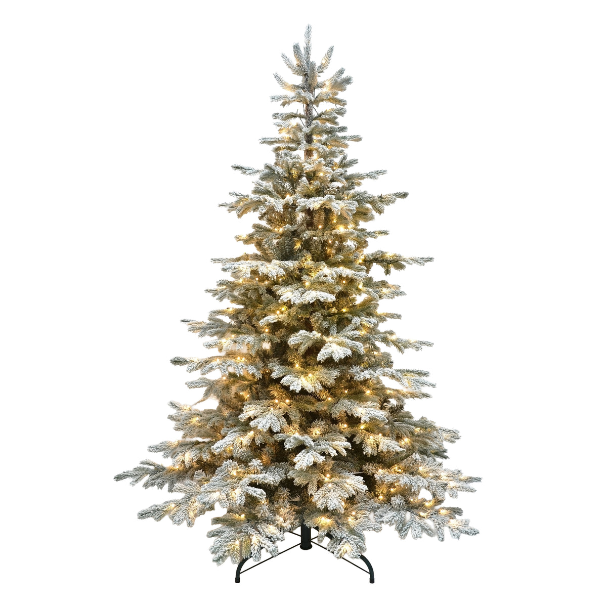 210cm pre-lit snowy artificial Christmas tree with white flocked tips, warm white LED lights and metal stand