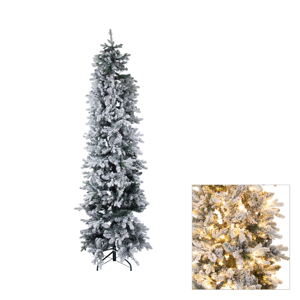 310cm pre-lit Perisher Pencil Pine snowy Christmas tree with white flocked tips, warm white LEDs and metal stand