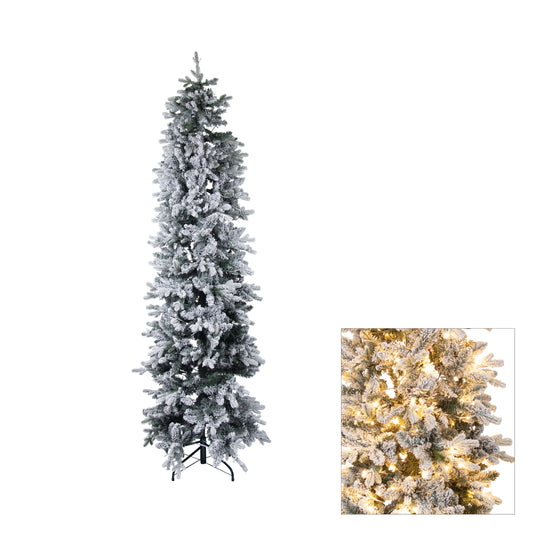 310cm pre-lit Perisher Pencil Pine snowy Christmas tree with white flocked tips, warm white LEDs and metal stand