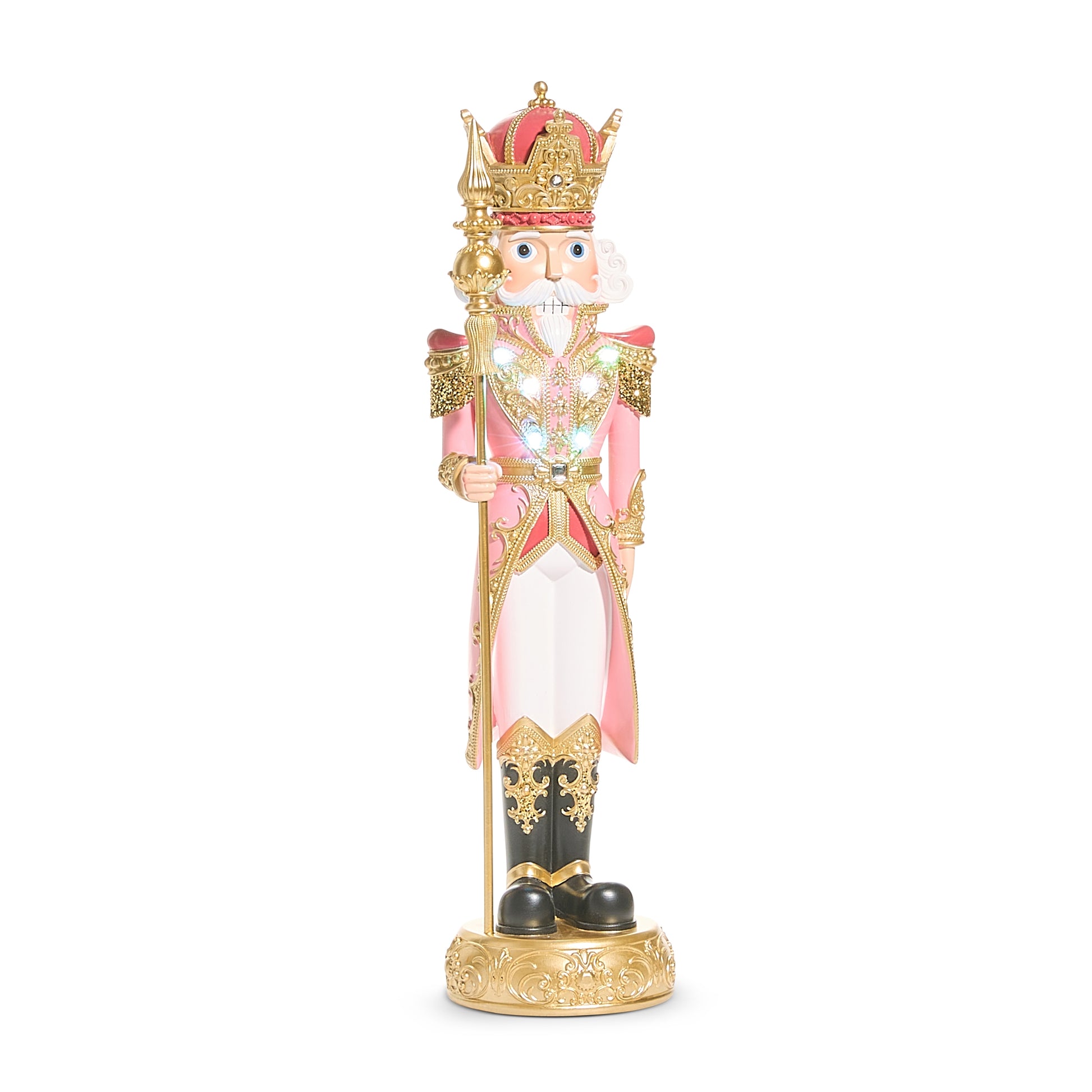Pink and gold light-up nutcracker decoration with jewelled crown, gold sceptre and multicoloured chest lights