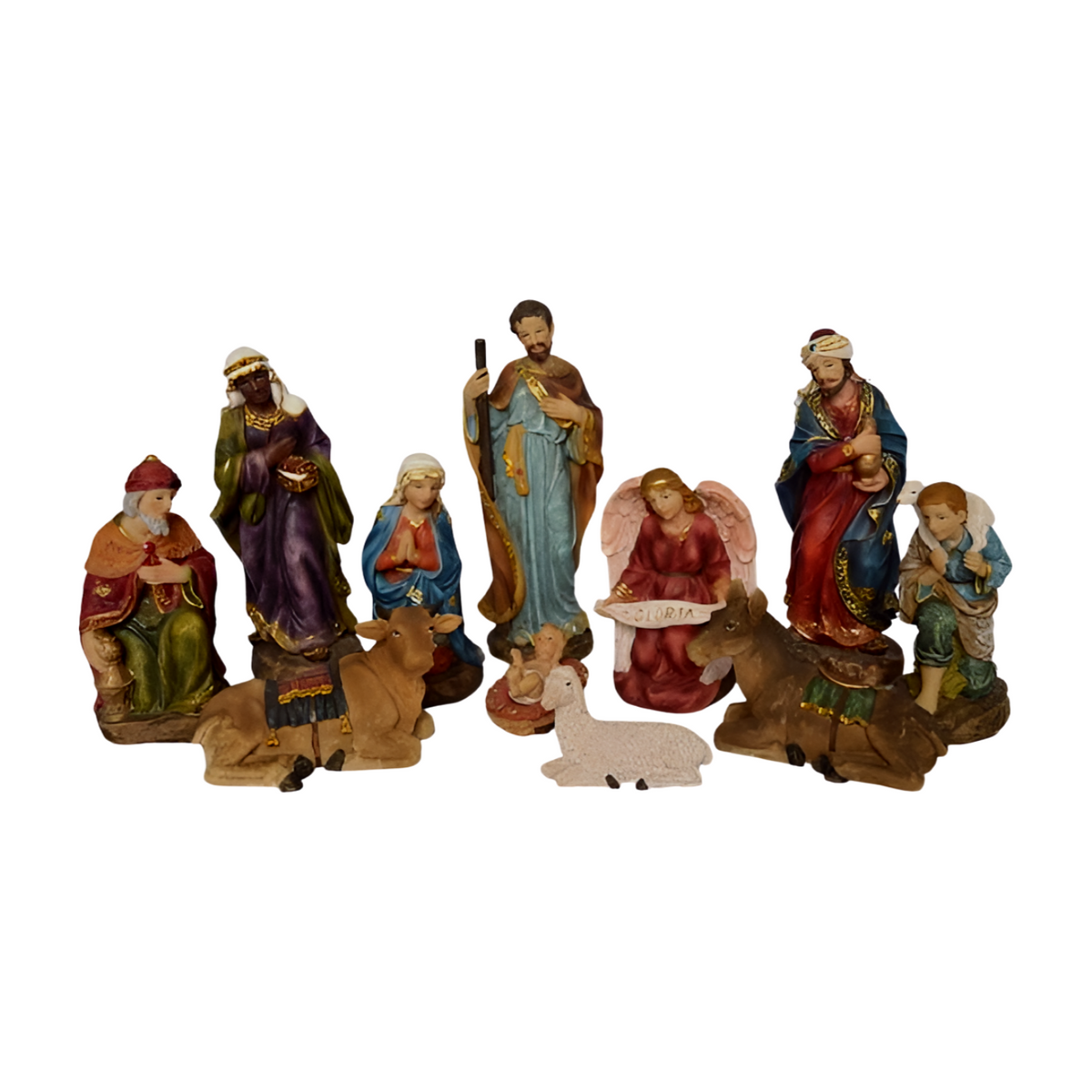 11-piece 8-inch nativity figurine set with Mary, Joseph, Wise Men, Gloria angel, shepherd and animals with gold detail