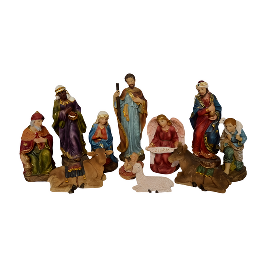 11-piece 8-inch nativity figurine set with Mary, Joseph, Wise Men, Gloria angel, shepherd and animals with gold detail