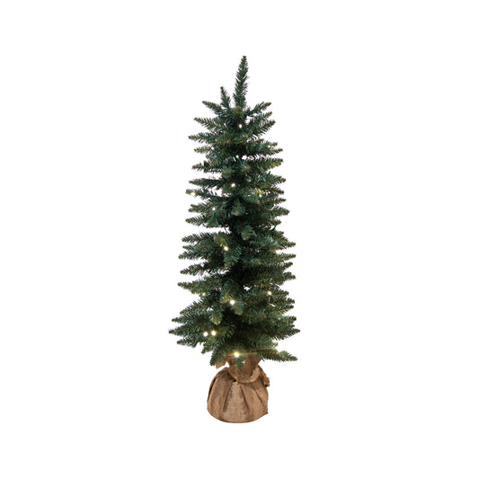 90cm pre-lit slim artificial Christmas tree with warm white LED lights and hessian sack base