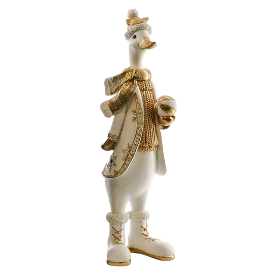 A decorative goose figurine dressed in ornate white and gold winter clothing, including a hat, scarf, coat, gloves, and boots, shown against a plain white background.