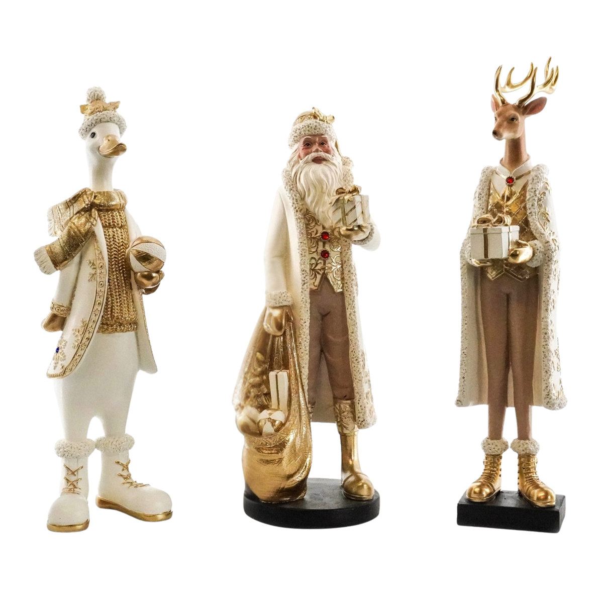 Three festive holiday figurines on a plain white background: a white goose dressed as king with a crown and robe, a Santa Claus figure with beard, hat, boots, and sack, and a deer dressed as king with antlers, robe, and gift.
