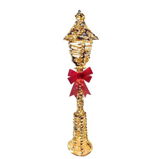 Gold light-up Christmas lantern with red bow and warm LED lights