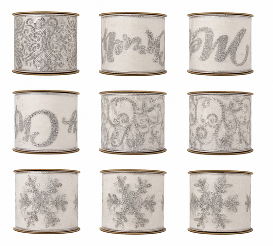 Silver & White Glitter Scroll Wired Ribbon