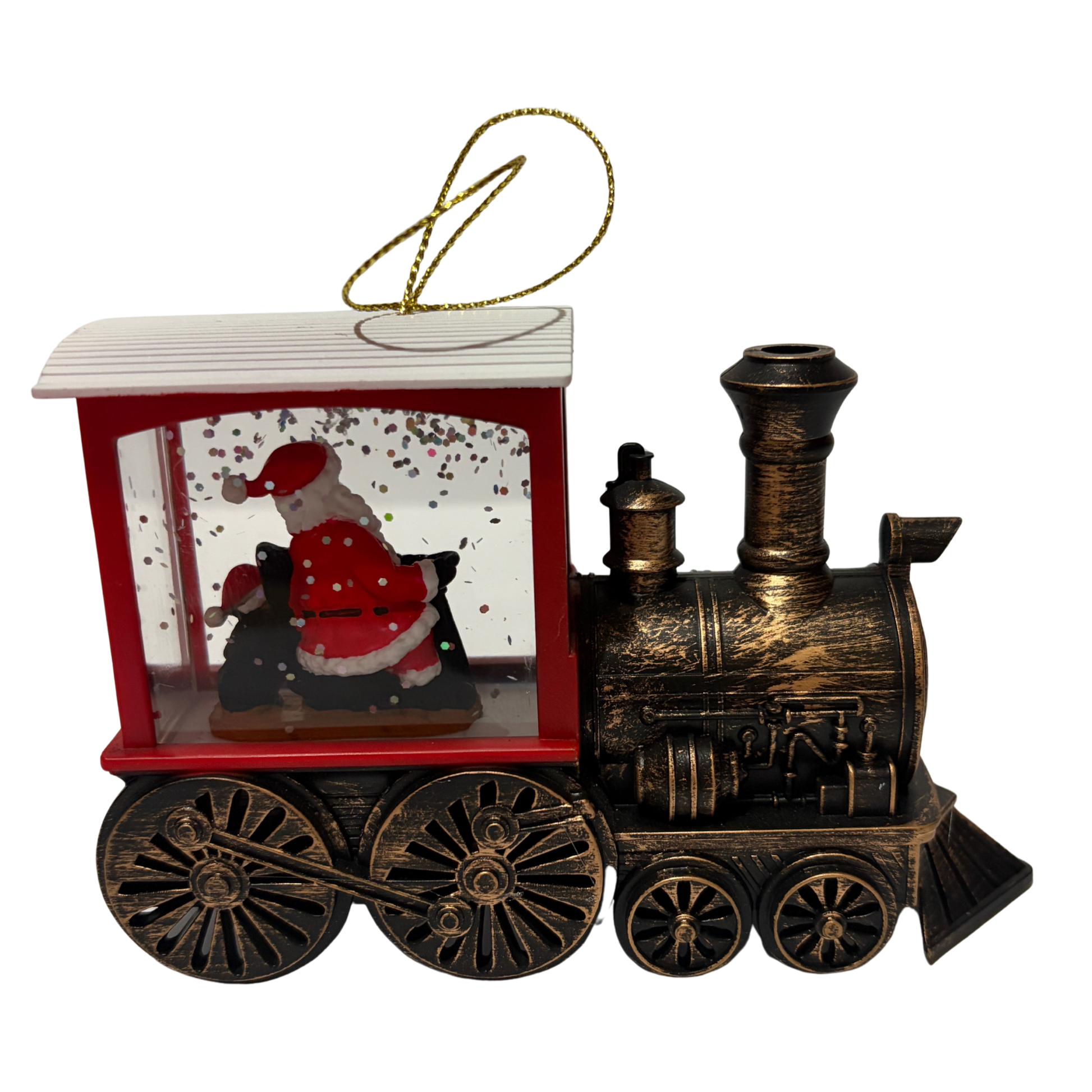 Mini lantern shaped like a vintage train with Santa inside and swirling glitter