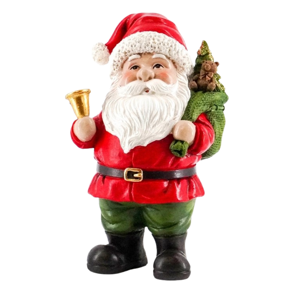 A festive Santa Claus garden gnome figurine wearing a red suit and hat with a white beard, holding a gold bell in one hand and a green sack of toys on his shoulder, set against a plain white background.