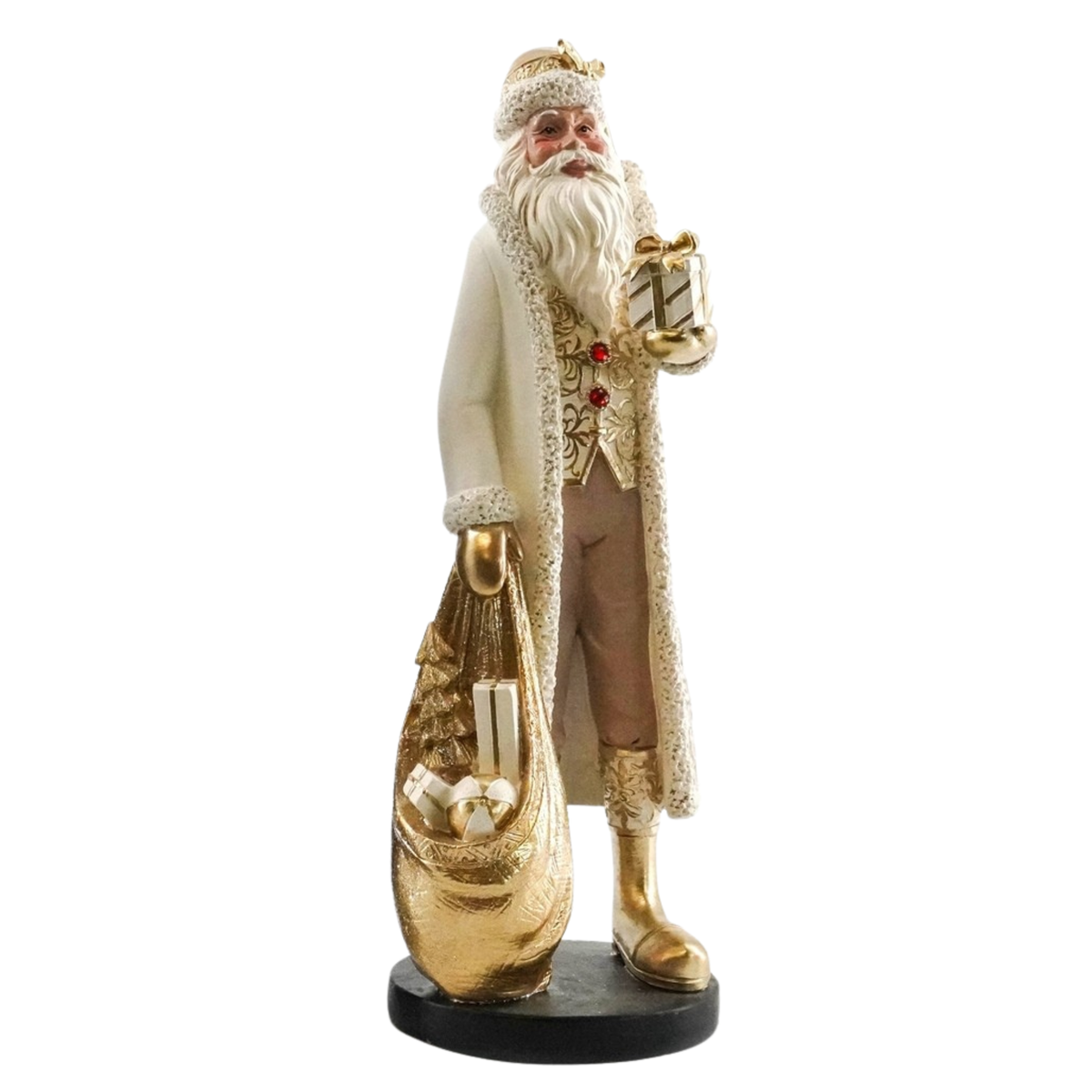 A Santa Claus figurine statue wearing a long white fur-trimmed coat and gold hat, holding a sack of gifts and a small box, standing on a black base against a white background.