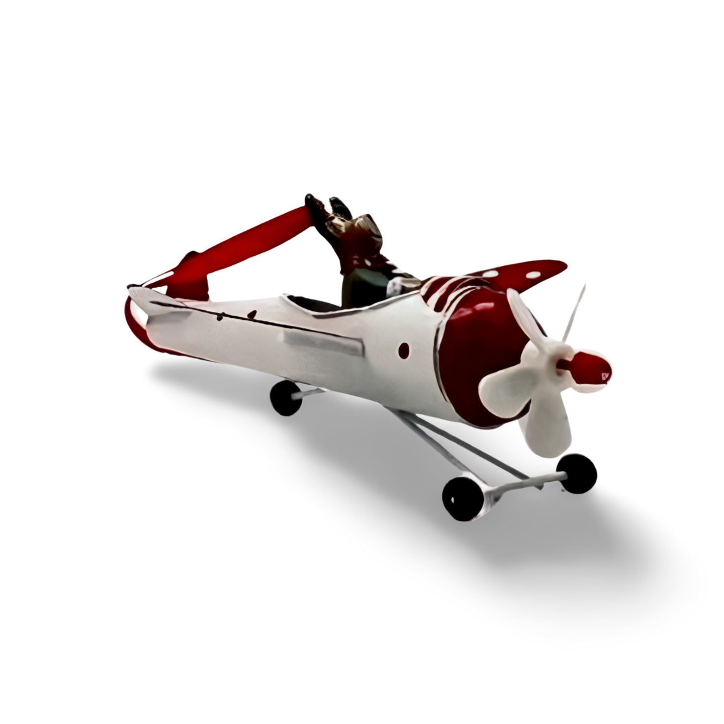 Three metal Christmas airplane ornaments in red, green, and white, each with a festive character—Santa, snowman, or reindeer—piloting under a red hanging ribbon.
