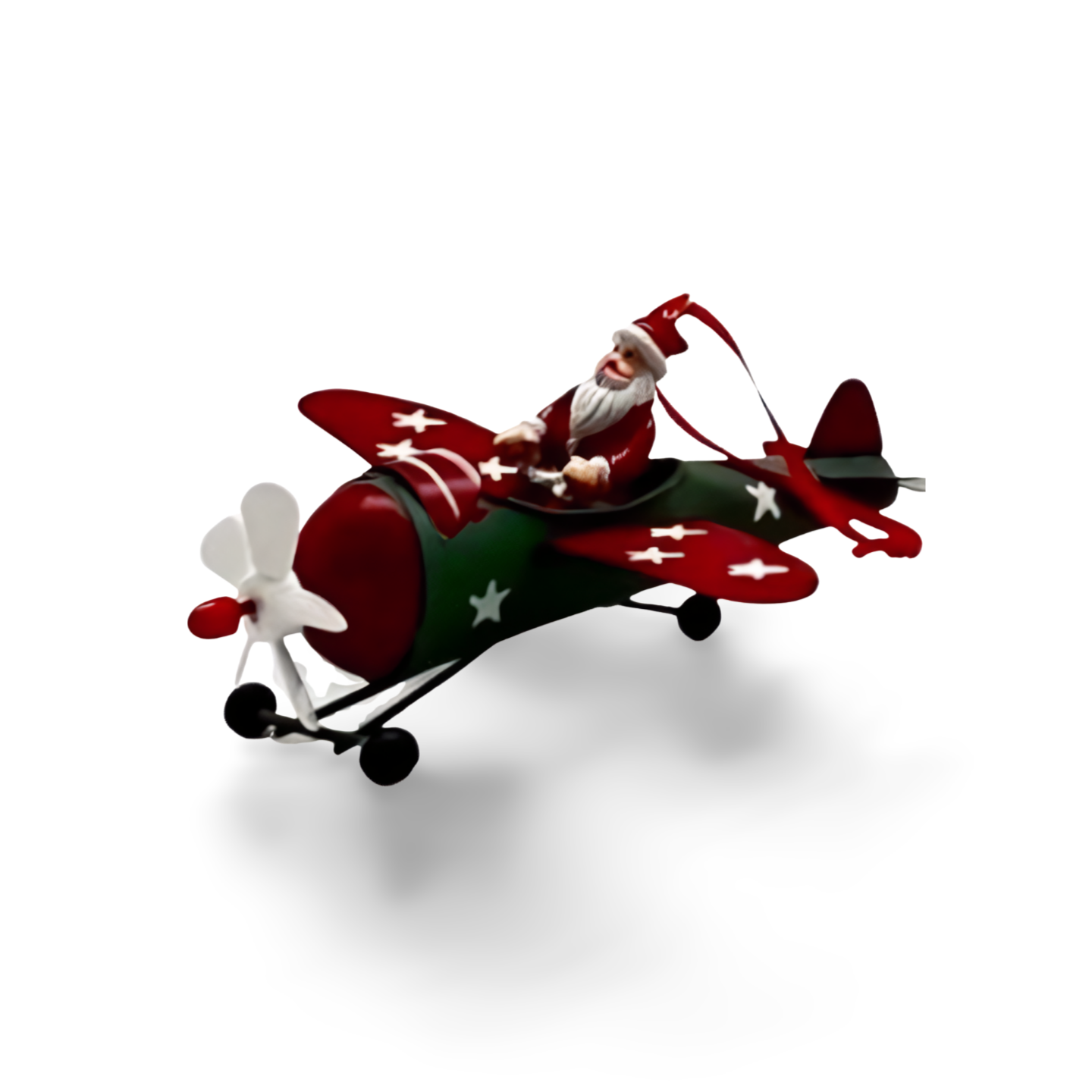 Three metal Christmas airplane ornaments in red, green, and white, each with a festive character—Santa, snowman, or reindeer—piloting under a red hanging ribbon.