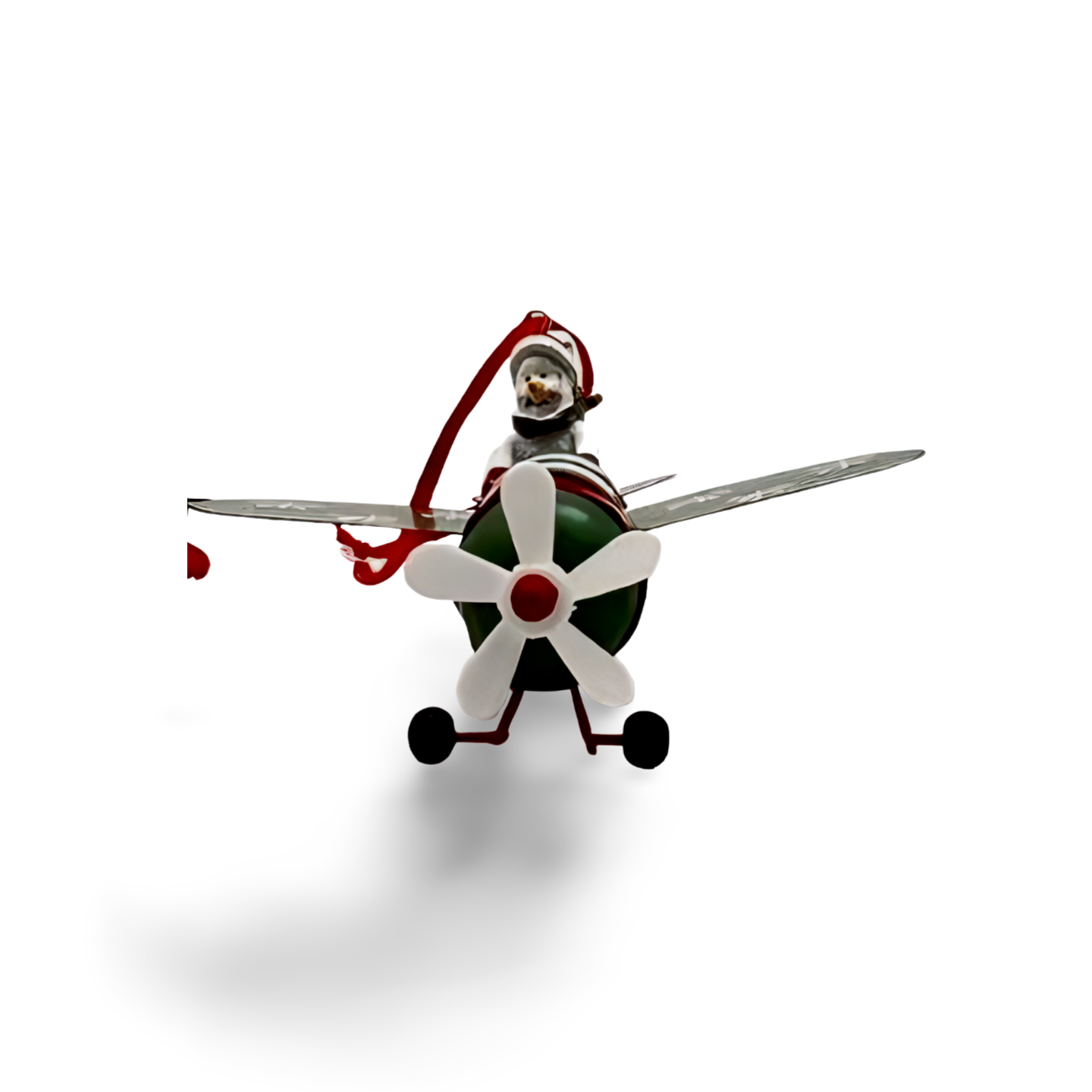 Three metal Christmas airplane ornaments in red, green, and white, each with a festive character—Santa, snowman, or reindeer—piloting under a red hanging ribbon.