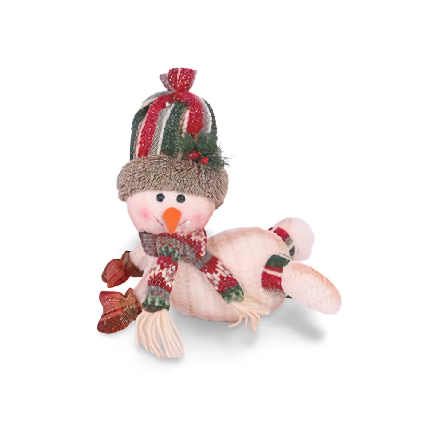 Plush snowman lying down, wearing a red, green, and white striped knit hat with pom-pom, matching scarf, red mittens, and cream outfit.