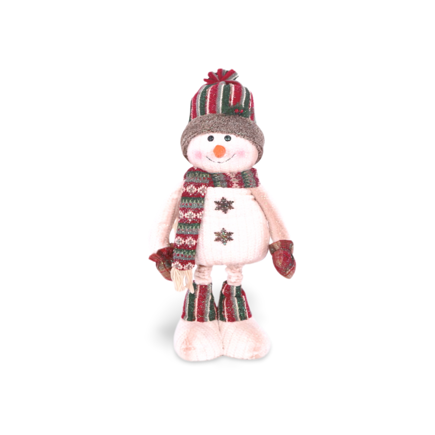 Plush snowman Christmas decoration with telescopic legs, cream outfit, red and green knit hat, scarf, and mittens. Adjustable festive accent for holiday décor.
