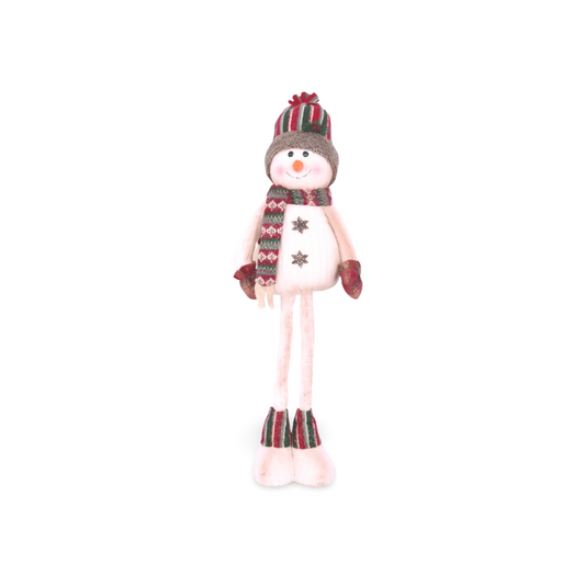 Plush snowman Christmas decoration with telescopic legs, cream outfit, red and green knit hat, scarf, and mittens. Adjustable festive accent for holiday décor.