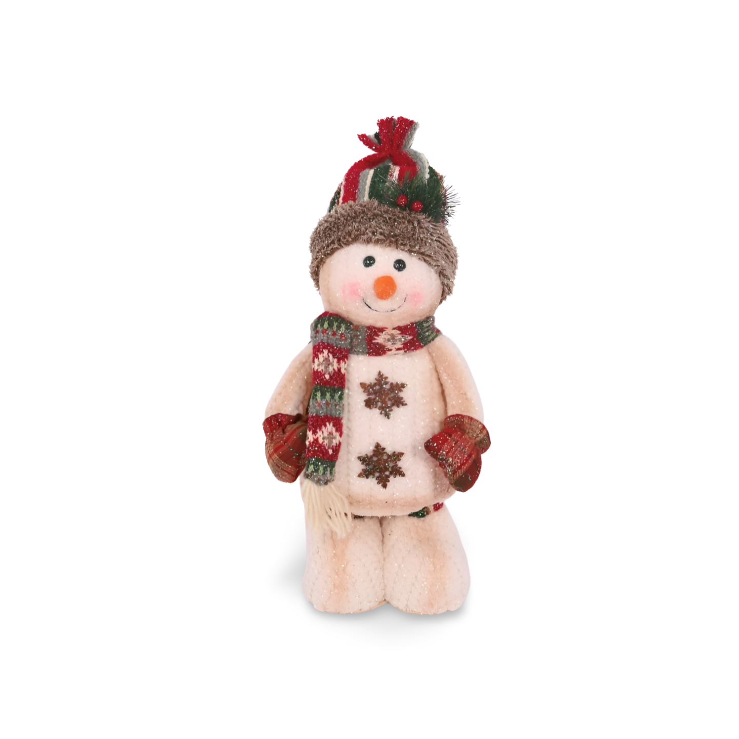 Plush snowman ornament wearing a cream outfit with snowflake decorations, a red and green knit hat with a pom-pom, matching scarf, and red mittens.